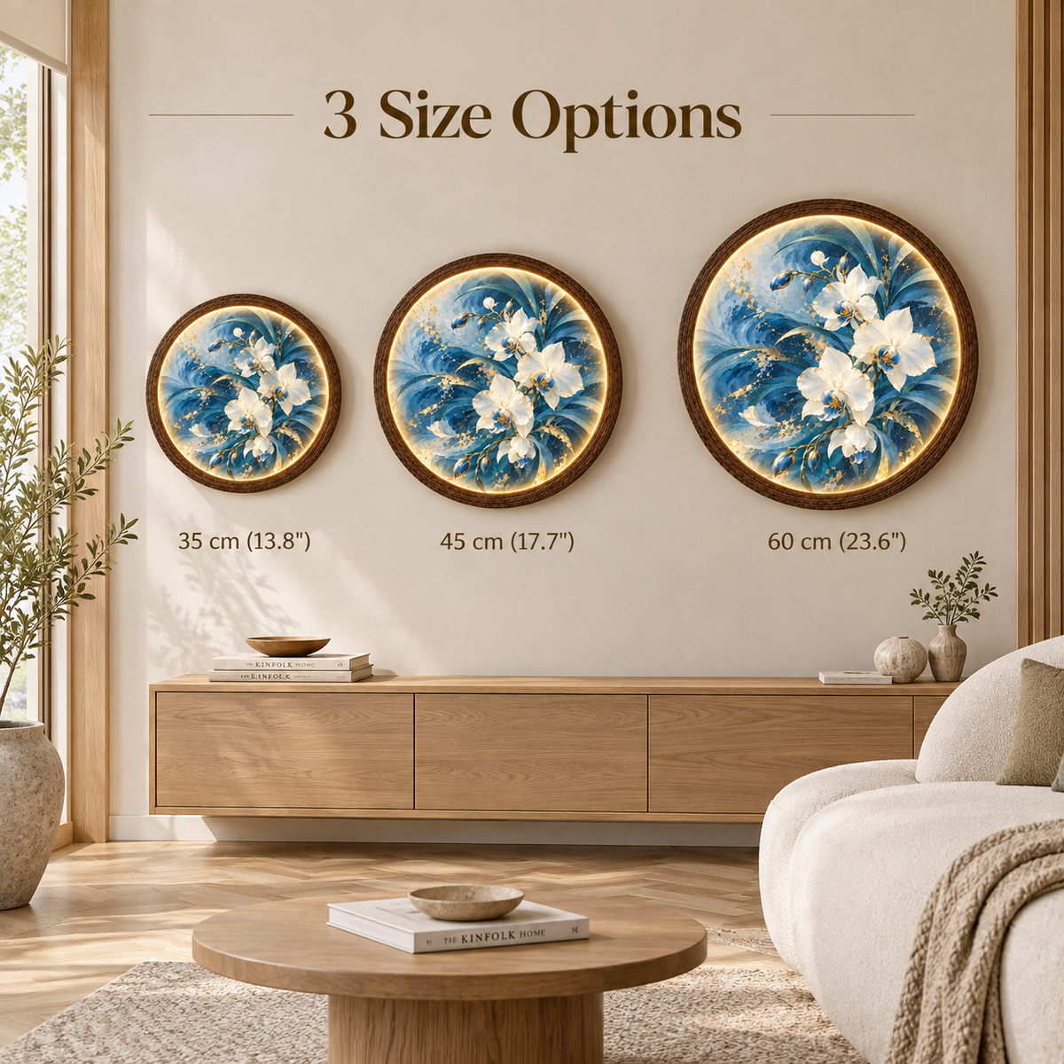 Blue Gold Floral LED Wall Art – Round Illuminated Home Decor