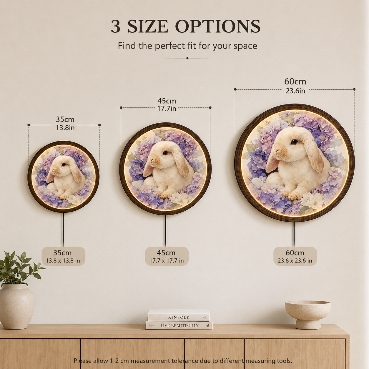 Floral Bunny LED Wall Art – Round Wooden Framed Rabbit Lighted Wall Decor