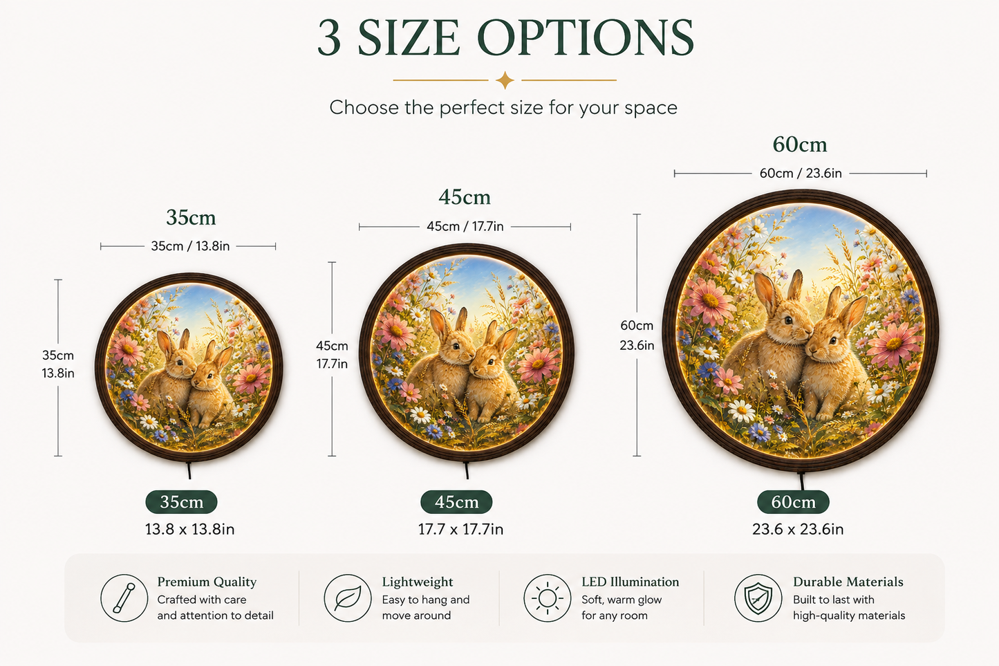 Enchanted Bunny Garden Round LED Wall Art – Whimsical Rabbit Floral Home Decor