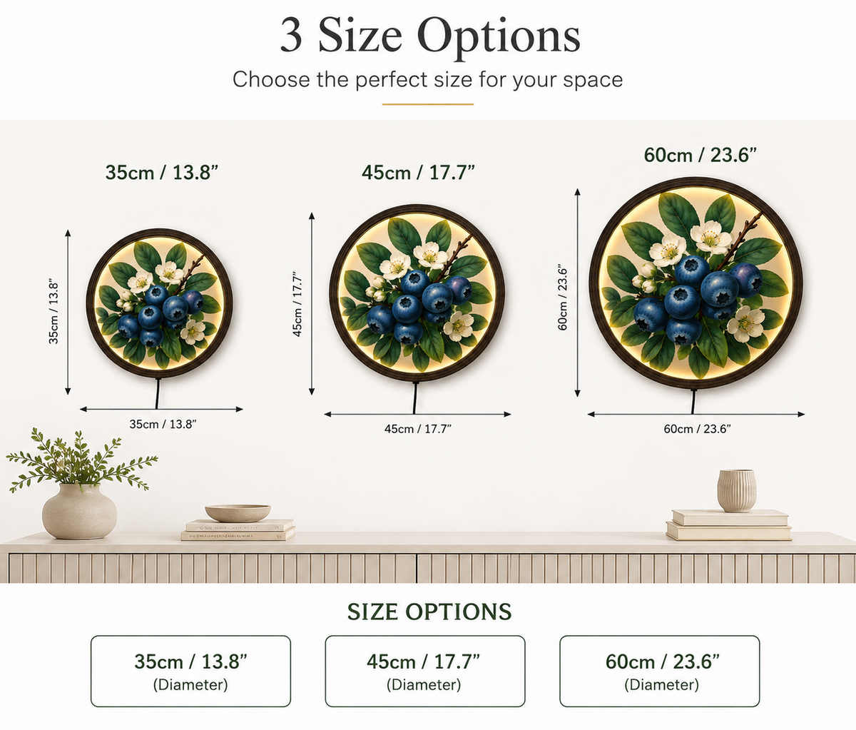 Illuminated Blueberry Botanical Wall Art, Round Wooden Framed LED Light Decor