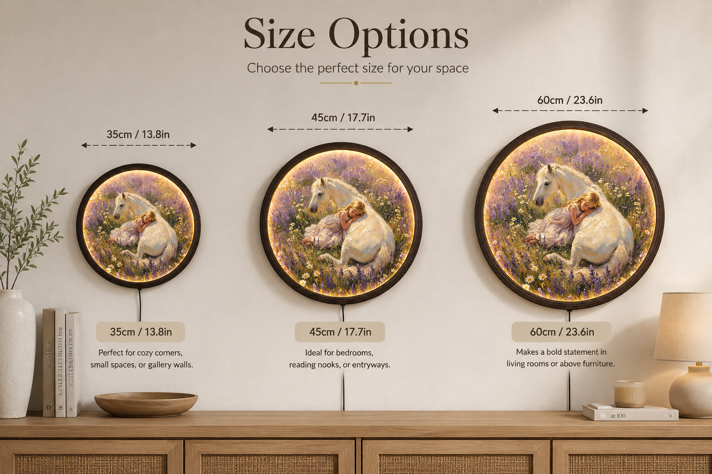 Round LED Wall Art – Sleeping Girl & White Horse Floral Lighted Wall Decor