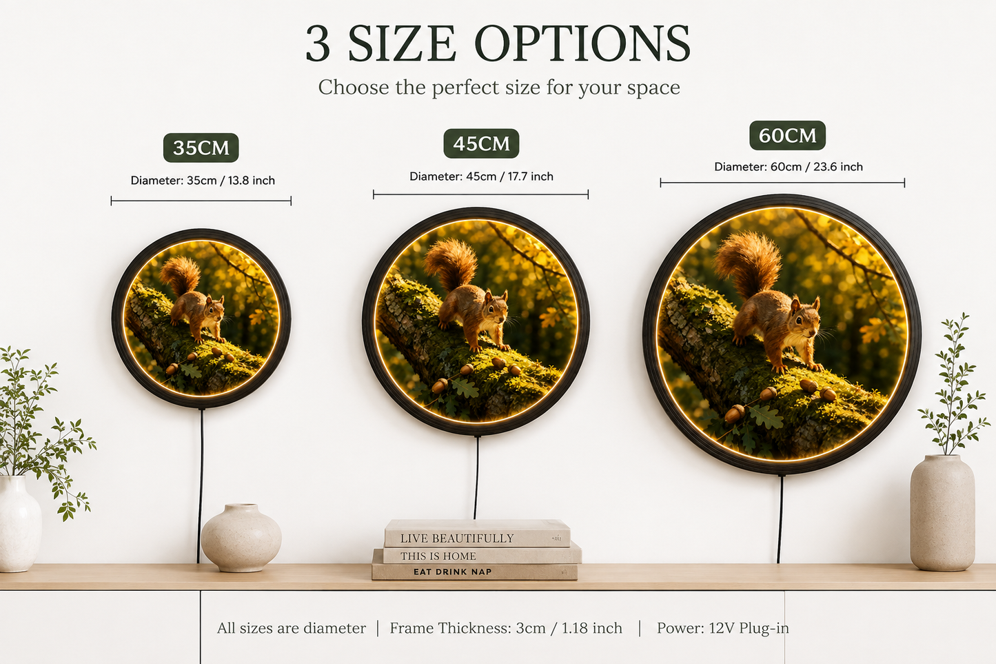 Rustic Squirrel Wall Art – Round LED Lighted Woodland Animal Decor