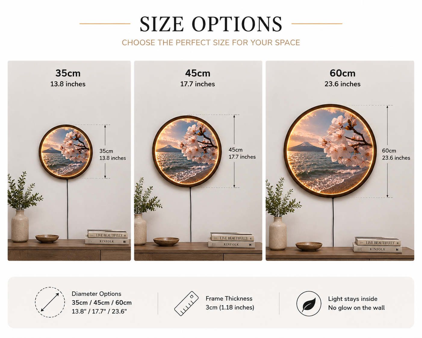 Mount Fuji & Cherry Blossom LED Round Wall Art – Japanese Sunset Landscape Illuminated Home Decor