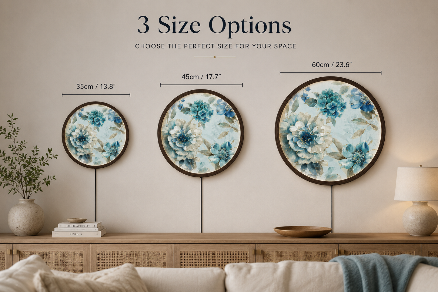 Blue Floral LED Round Wall Art – Modern Botanical Lighted Wall Decor | Luxury Home Decor