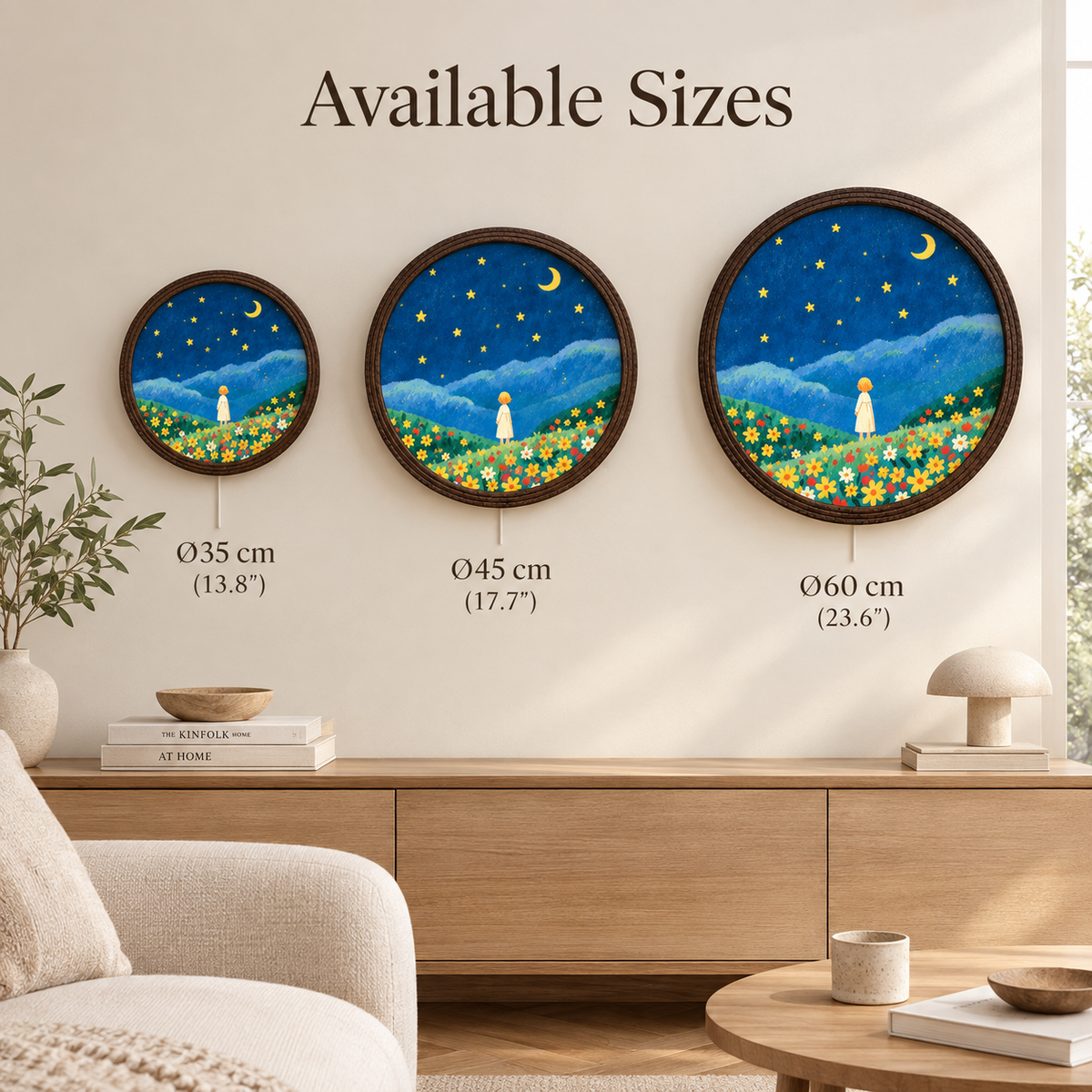 Whimsical Girl in Wildflower Meadow LED Wall Art – Round Illuminated Wall Decor