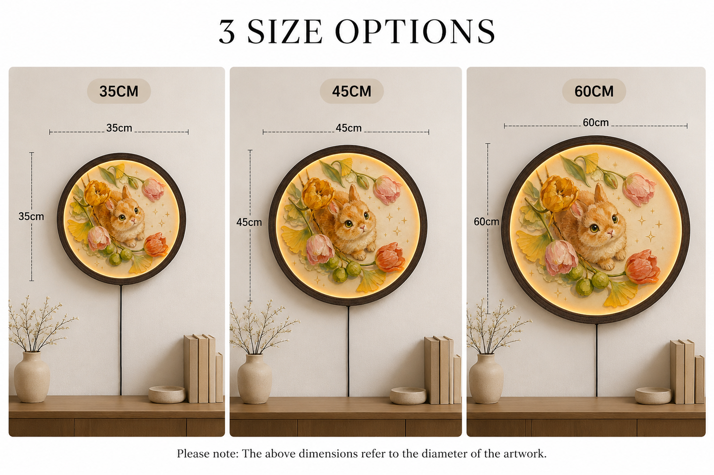 Cute Bunny & Bloom LED Round Wall Art – Illuminated Floral Animal Wall Decor for Living Room, Bedroom & Nursery
