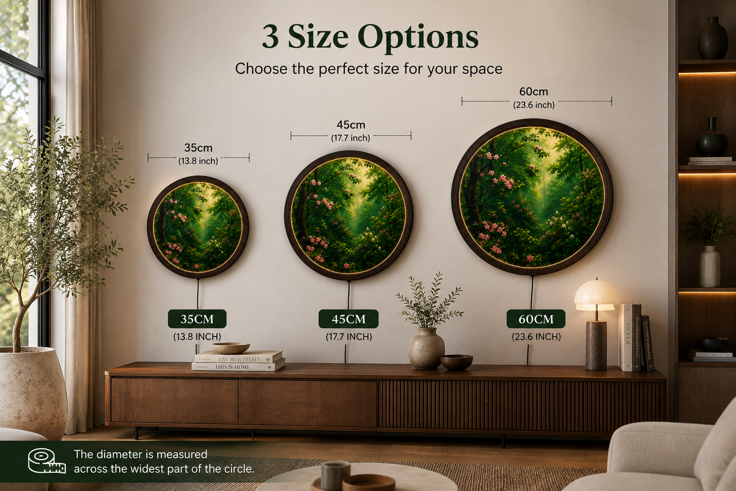 Enchanted Forest Blossom LED Wall Art – Round Illuminated Nature Canvas for Living Room Decor