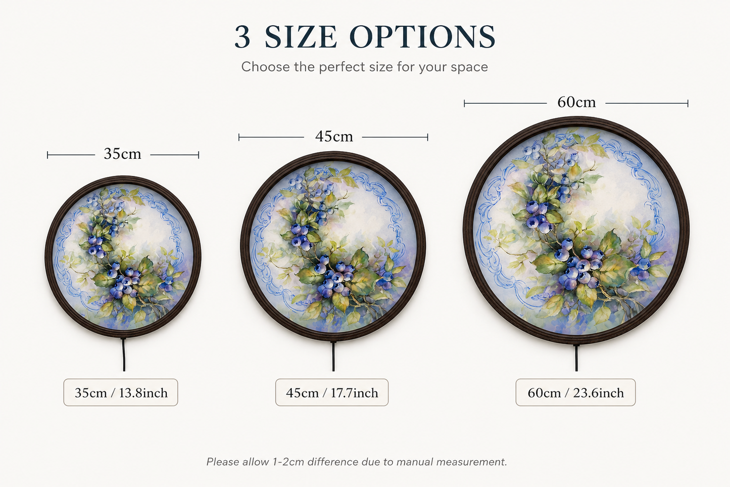 Blueberry Botanical LED Round Wall Art – Illuminated Rustic Floral Wall Decor with Wooden Frame, Modern Farmhouse Home Decoration