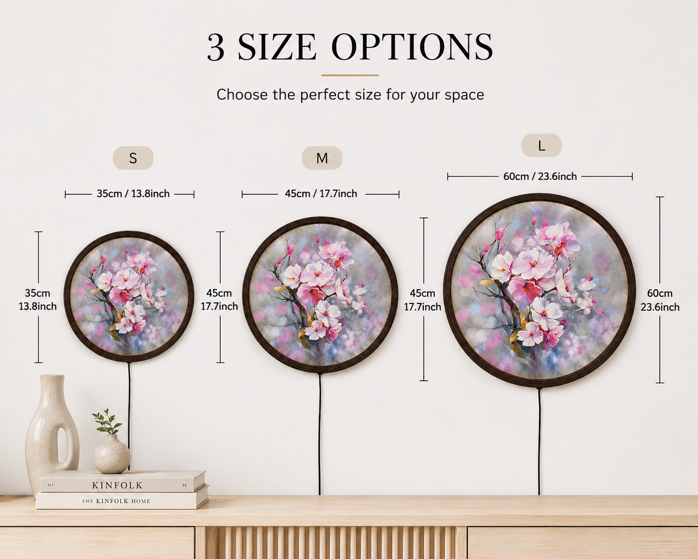 Cherry Blossom LED Round Wall Art – Modern Floral Lighted Wall Decor, Illuminated Botanical Canvas for Living Room, Bedroom & Home Decoration