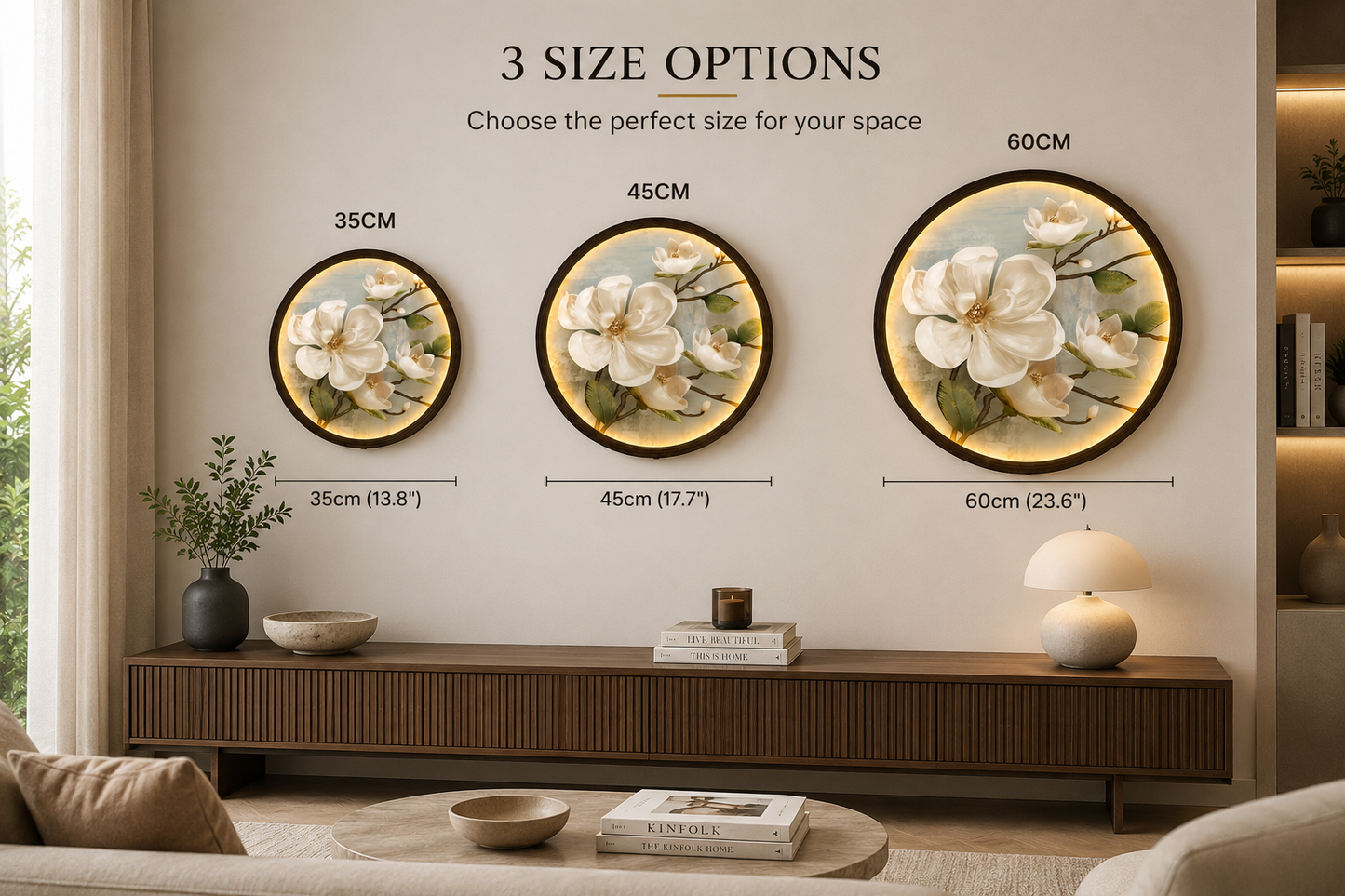 Round LED Magnolia Wall Art – Modern Floral Lighted Wall Decor for Living Room