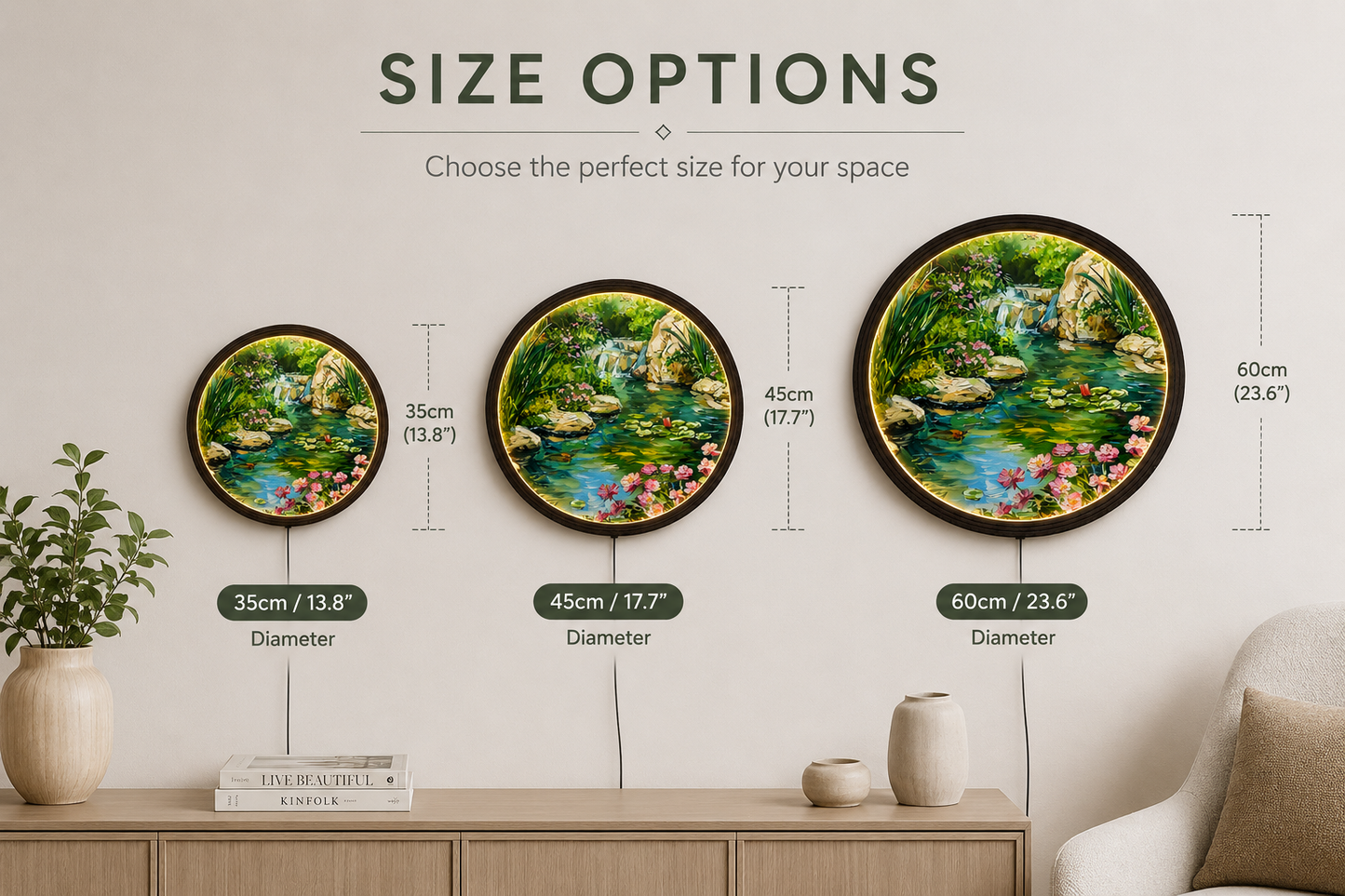 Round LED Waterfall Wall Art – Nature Landscape Lighted Wall Decor