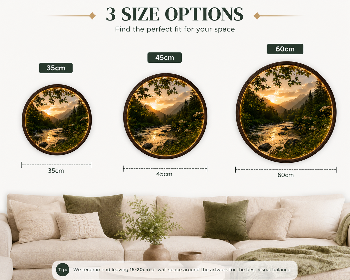 Sunset Mountain River LED Wall Art – Round Nature Landscape Lighted Home Decor