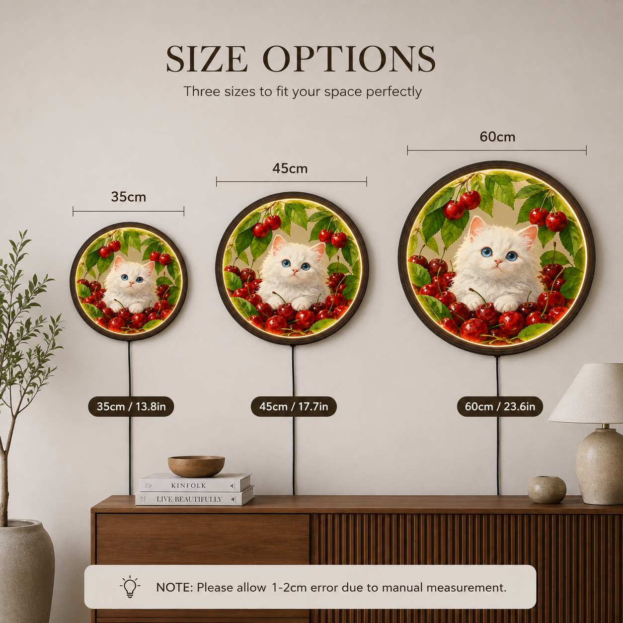 Illuminated White Cat & Cherry Round Wall Art – LED Lighted Home Decor