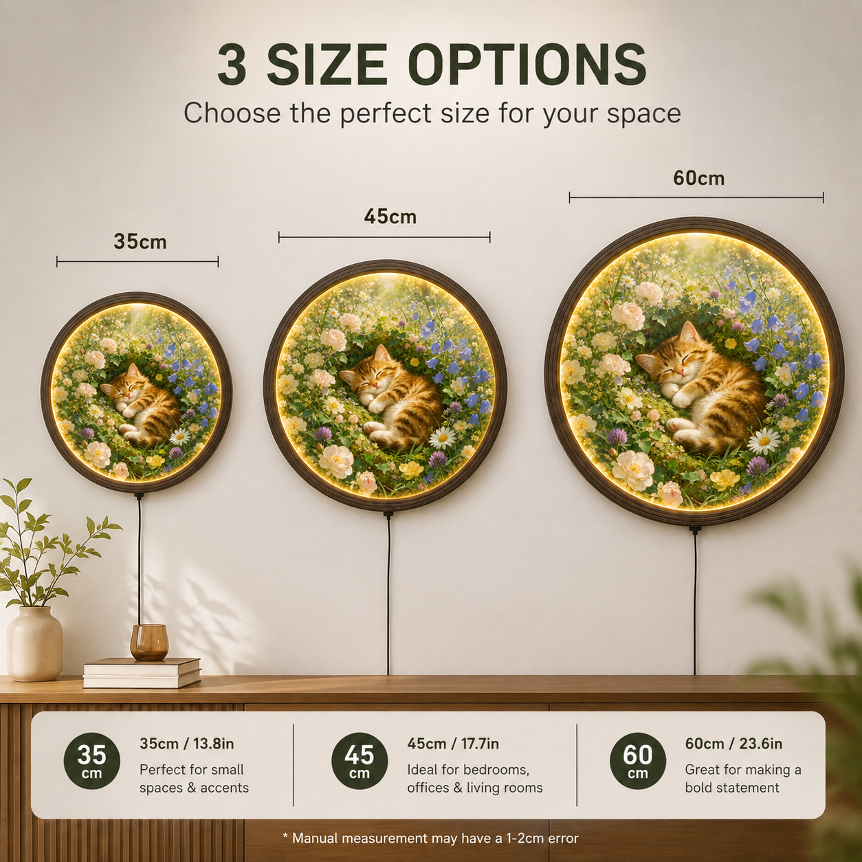 Illuminated Sleeping Cat Garden Wall Art – Round LED Floral Home Decor