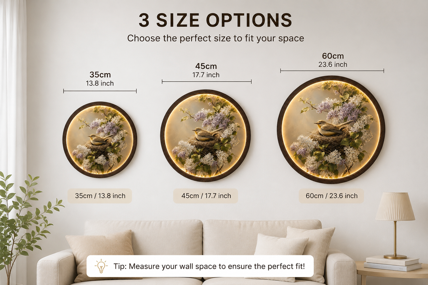 Illuminated Bird & Floral Round Wall Art – LED Backlit Nature Home Decor