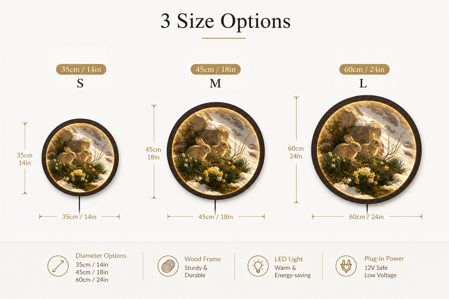 LED Illuminated Round Wall Art - Two Wild Rabbits in Spring Flowers