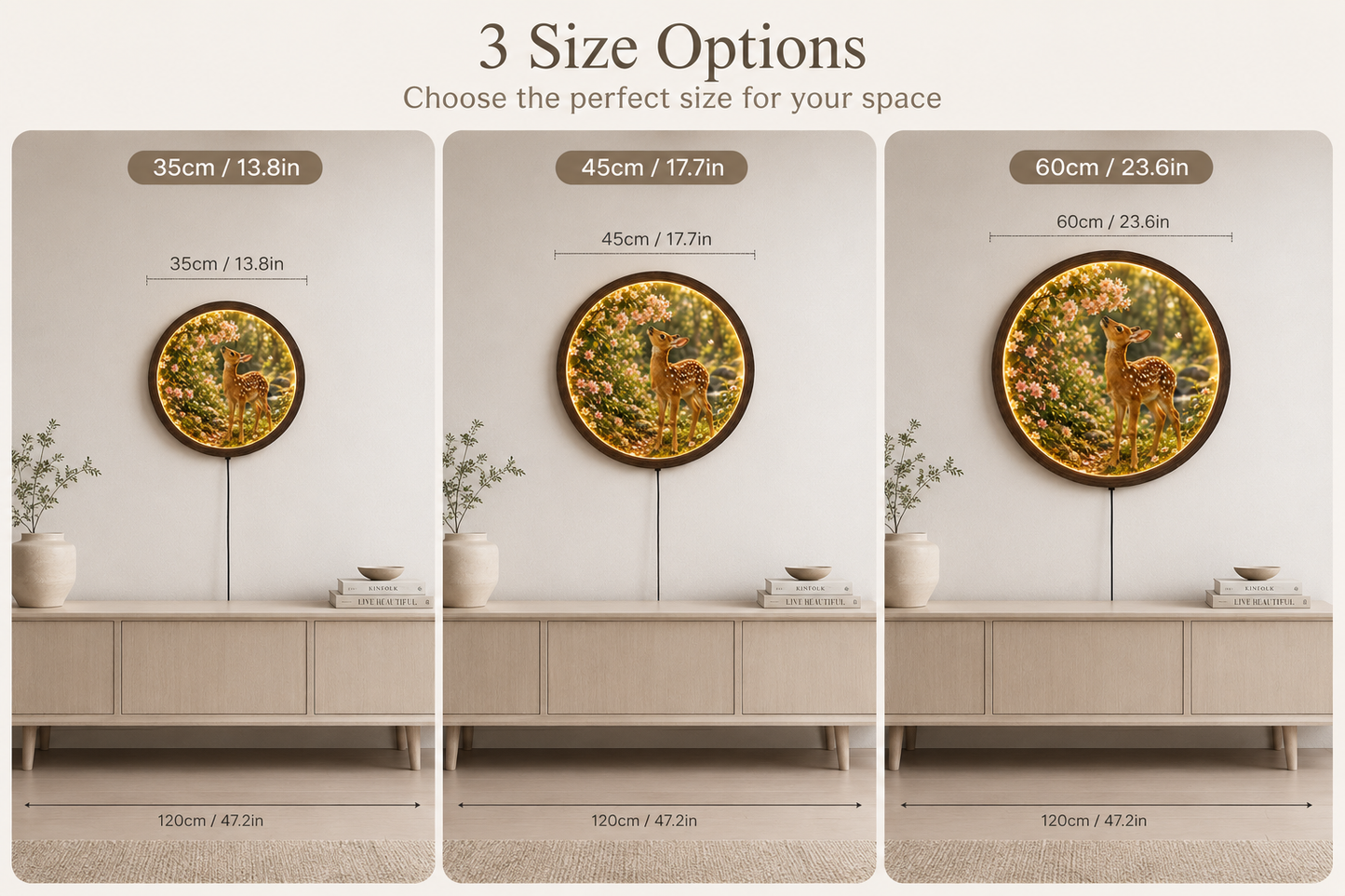 LED Illuminated Round Wall Art – Baby Deer & Cherry Blossom Nature Canvas Decor