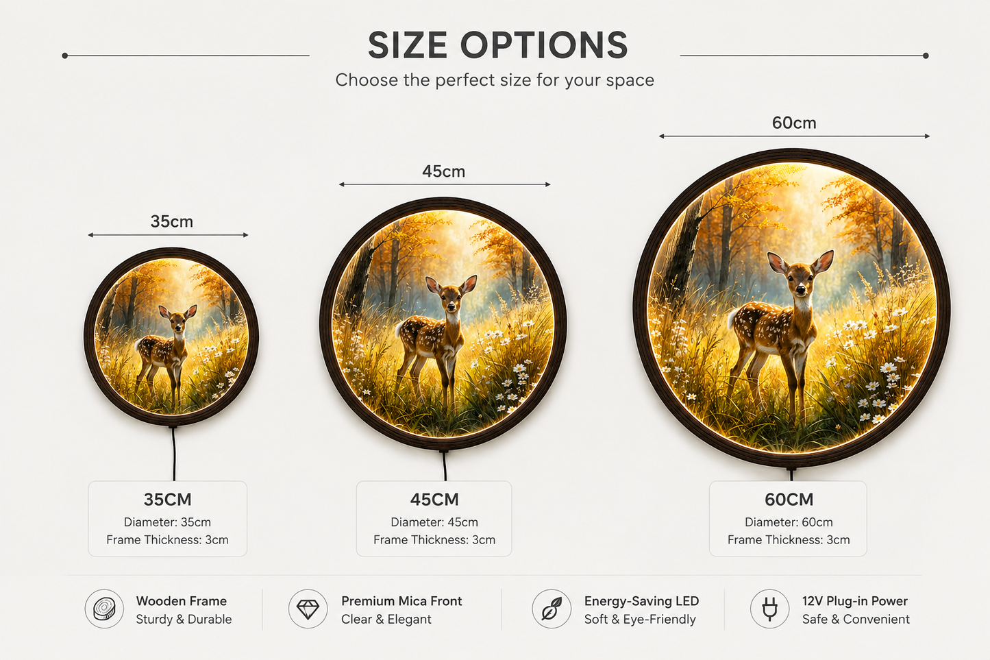 Golden Autumn Deer LED Wall Light | Round Nature Wooden Frame Wall Decor