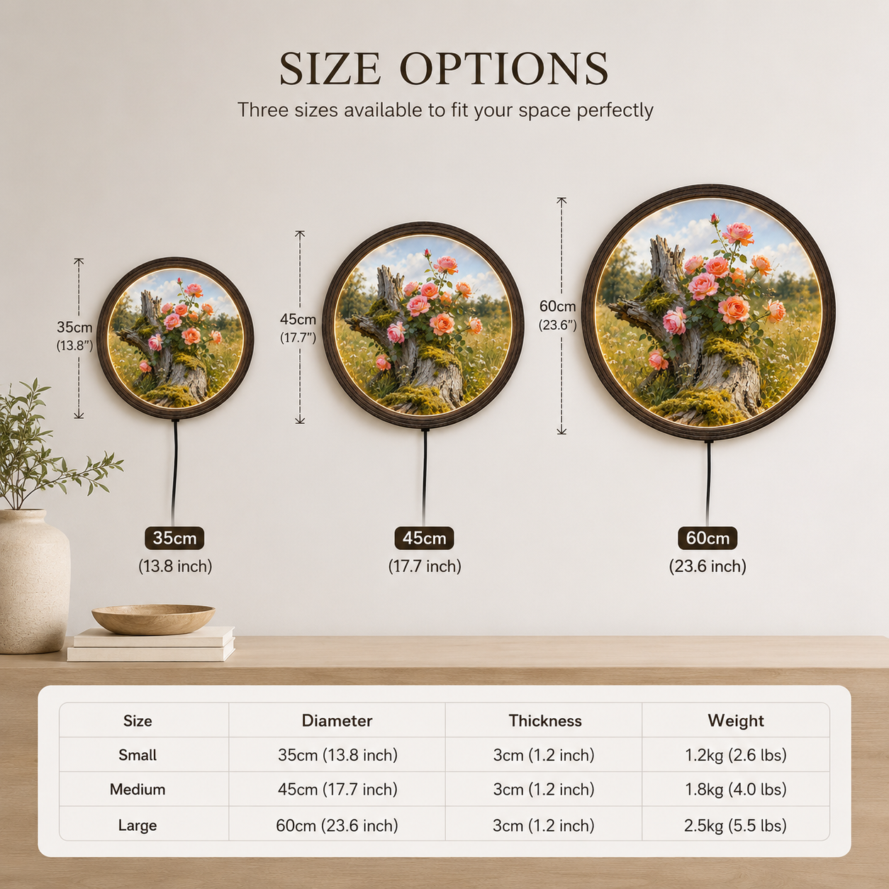 Circular Pink Rose Tree Stump LED Wall Art | Glowing Nature Floral Wooden Frame Wall Decor