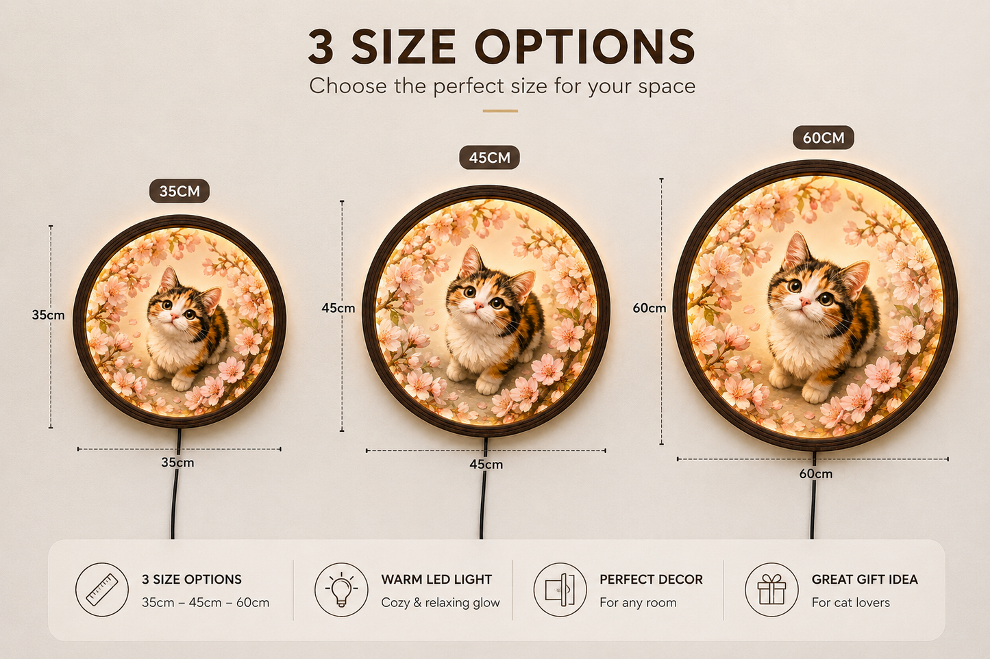 Cherry Blossom Kitten LED Wall Sconce – Illuminated Round Wooden Frame Cat Wall Art for Bedroom & Living Room Decor