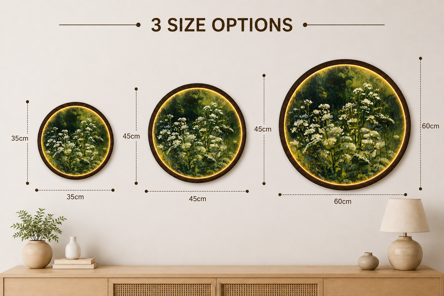 LED Wildflower Meadow Round Wall Art – Illuminated Nature Canvas with Wooden Frame | Modern Home Decor