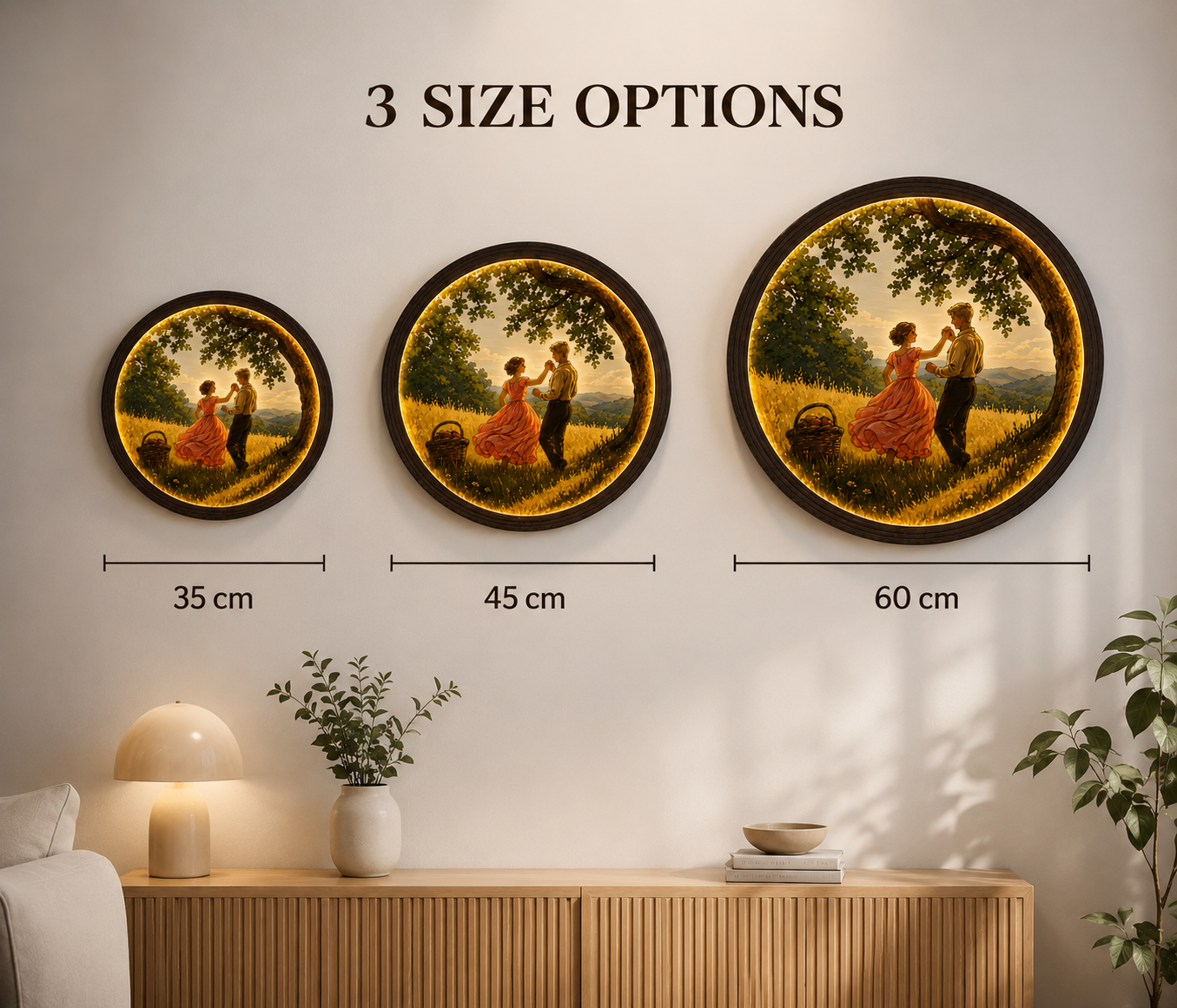 Romantic Sunset Couple LED Wall Art – Round Illuminated Woodland Scene | Rustic Home Decor