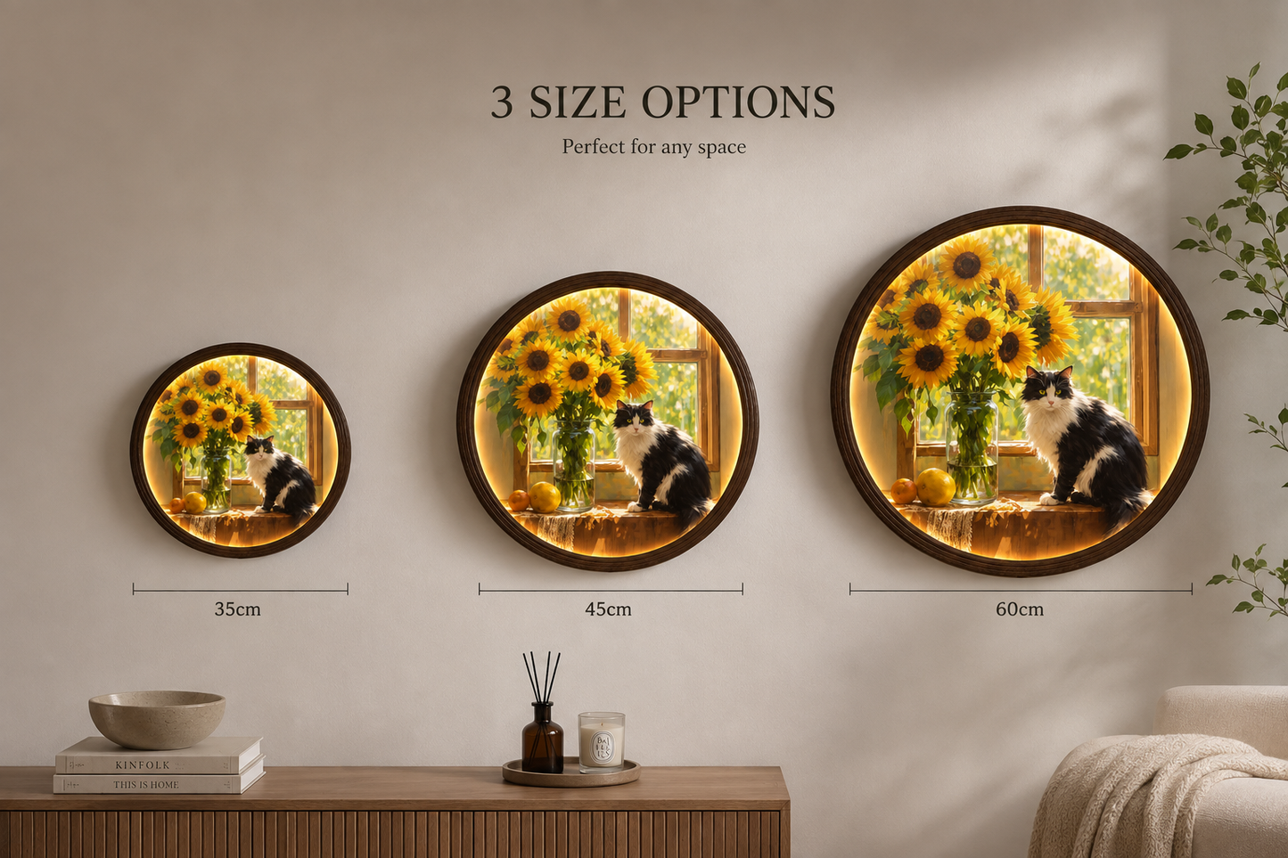 Round LED Wall Art with Cat & Sunflowers – Illuminated Home Decor, Cozy Living Room Wall Accent