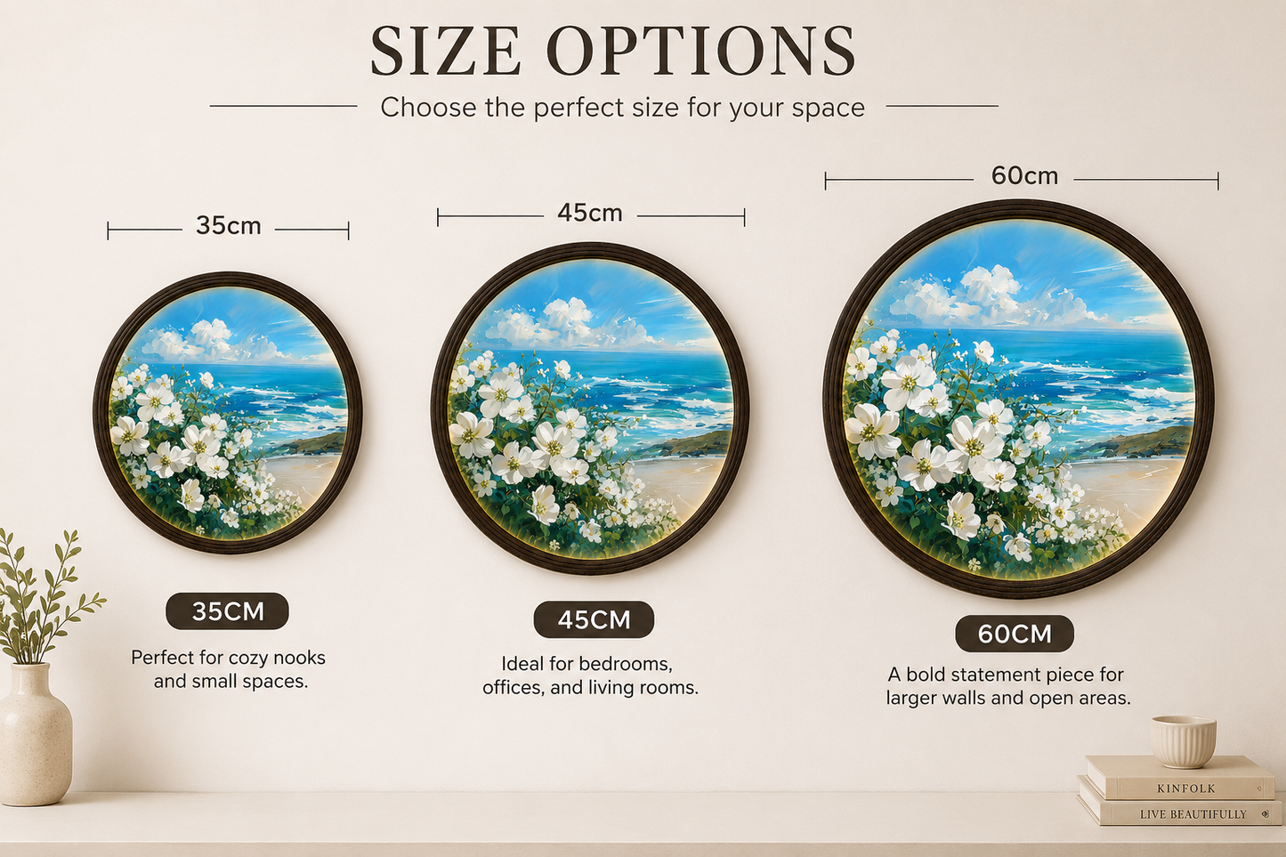 Coastal Bloom LED Round Wall Art – Ocean & White Flowers Illuminated Wall Decor