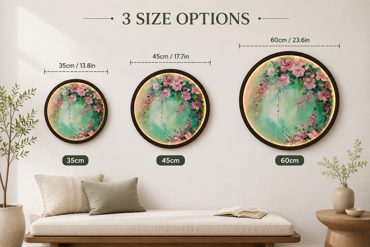 Round LED Pink Floral Wall Art – Modern Botanical Lighted Wall Decor