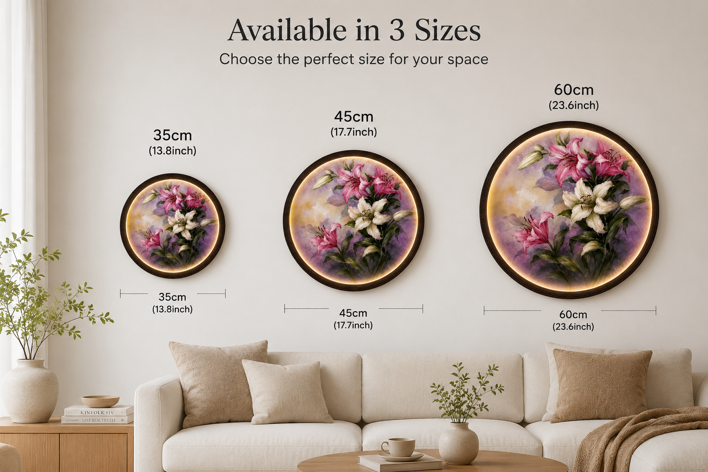 Pink & White Lily LED Round Wall Art – Illuminated Floral Wall Decor, Modern Botanical Acrylic Wall Hanging for Living Room & Bedroom