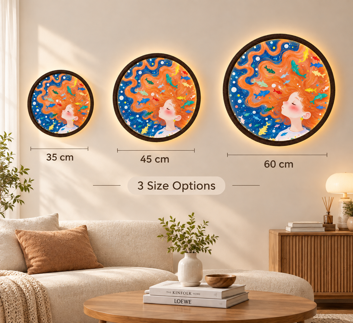 Mermaid Girl LED Wall Art – Round Illuminated Wall Decor