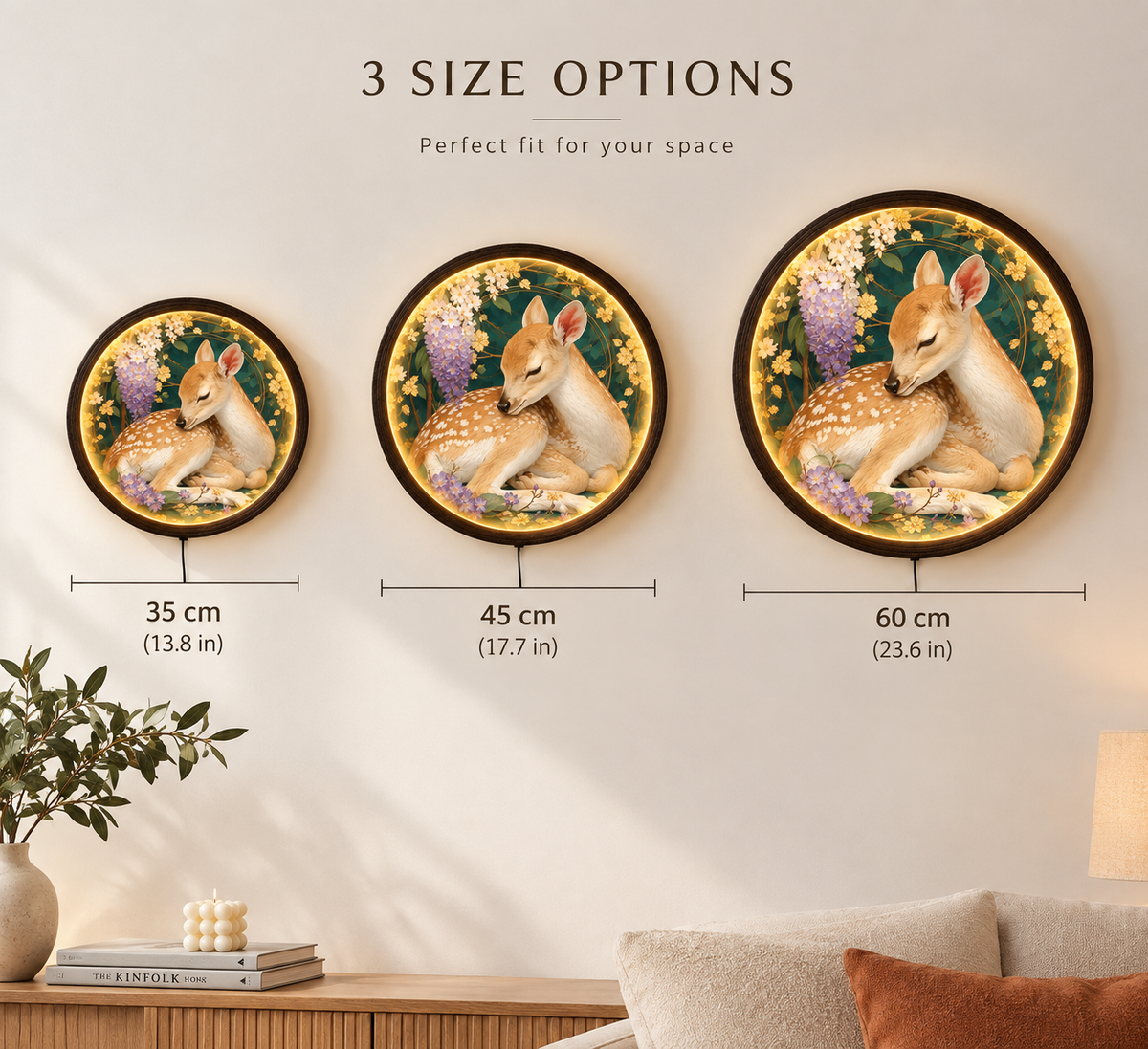 Floral Deer LED Wall Art – Round Illuminated Nature Wall Decor