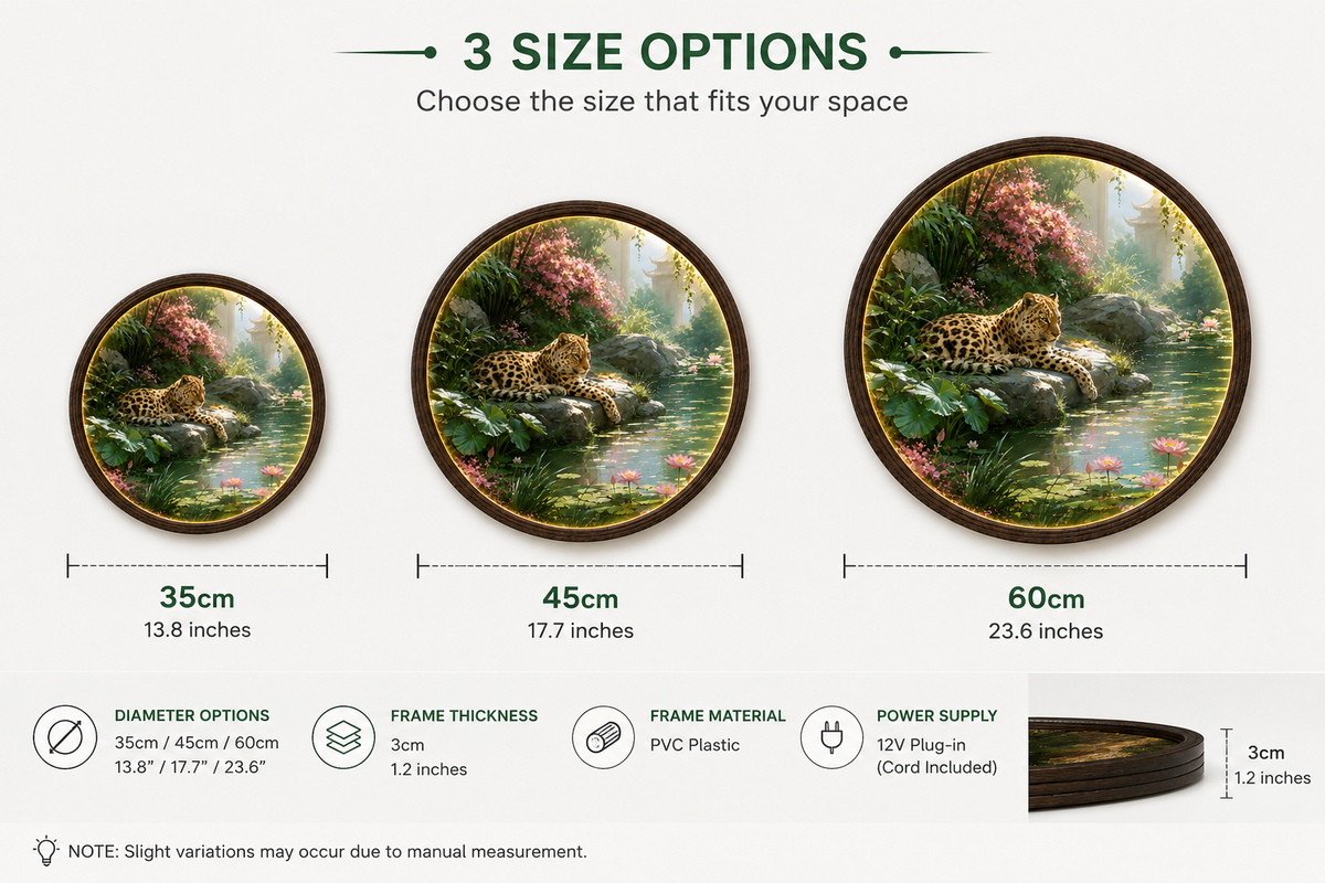 LED Illuminated Round Wall Art – Oriental Leopard & Lotus Garden Canvas Decor