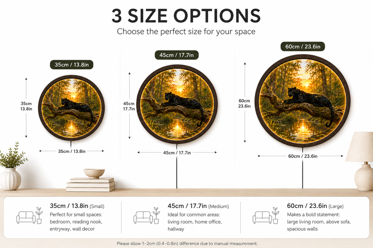 Illuminated Round Black Panther Wall Art - Sunset River Scene, Dimmable LED, Premium Wood Frame