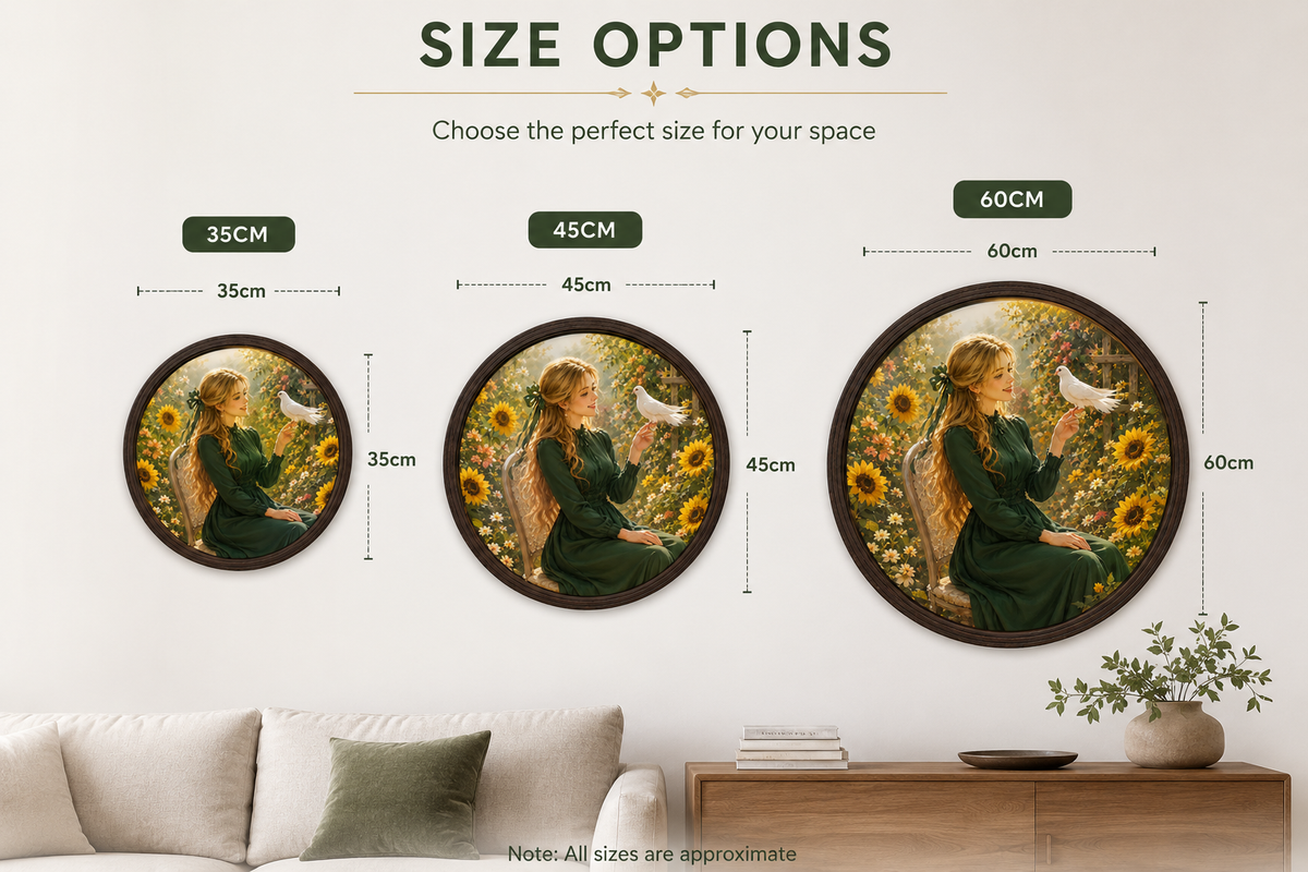 Round LED Lighted Wall Art – Woman and Dove Garden Scene, Framed Illuminated Wall Decor