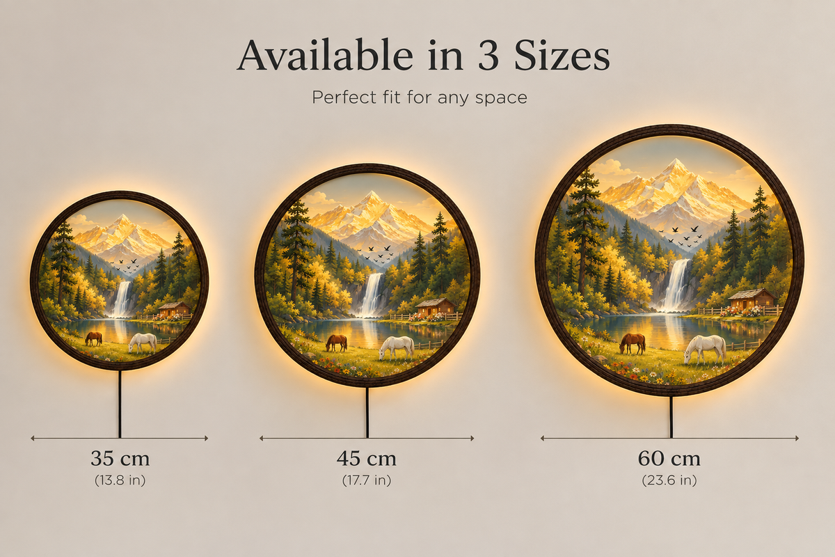 Golden Mountain Lake LED Wall Art – Rustic Cabin Landscape Round Wall Decor