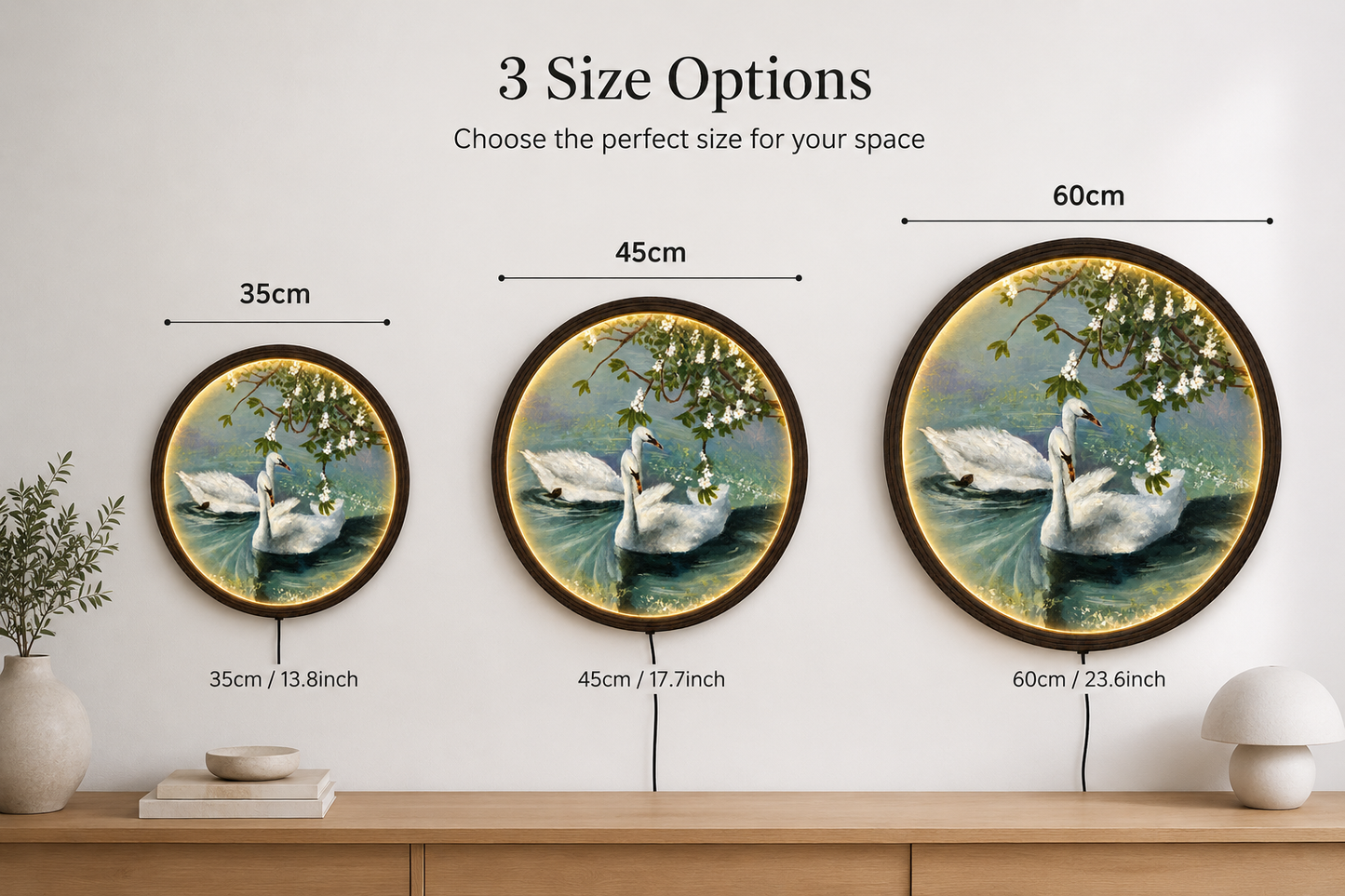 Elegant Swan Lake LED Round Wall Art – Luxury Lighted Home Decor