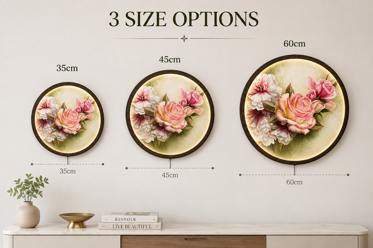 Elegant Blush Rose LED Round Wall Art – Modern Floral Lighted Wall Decor with Wooden Frame