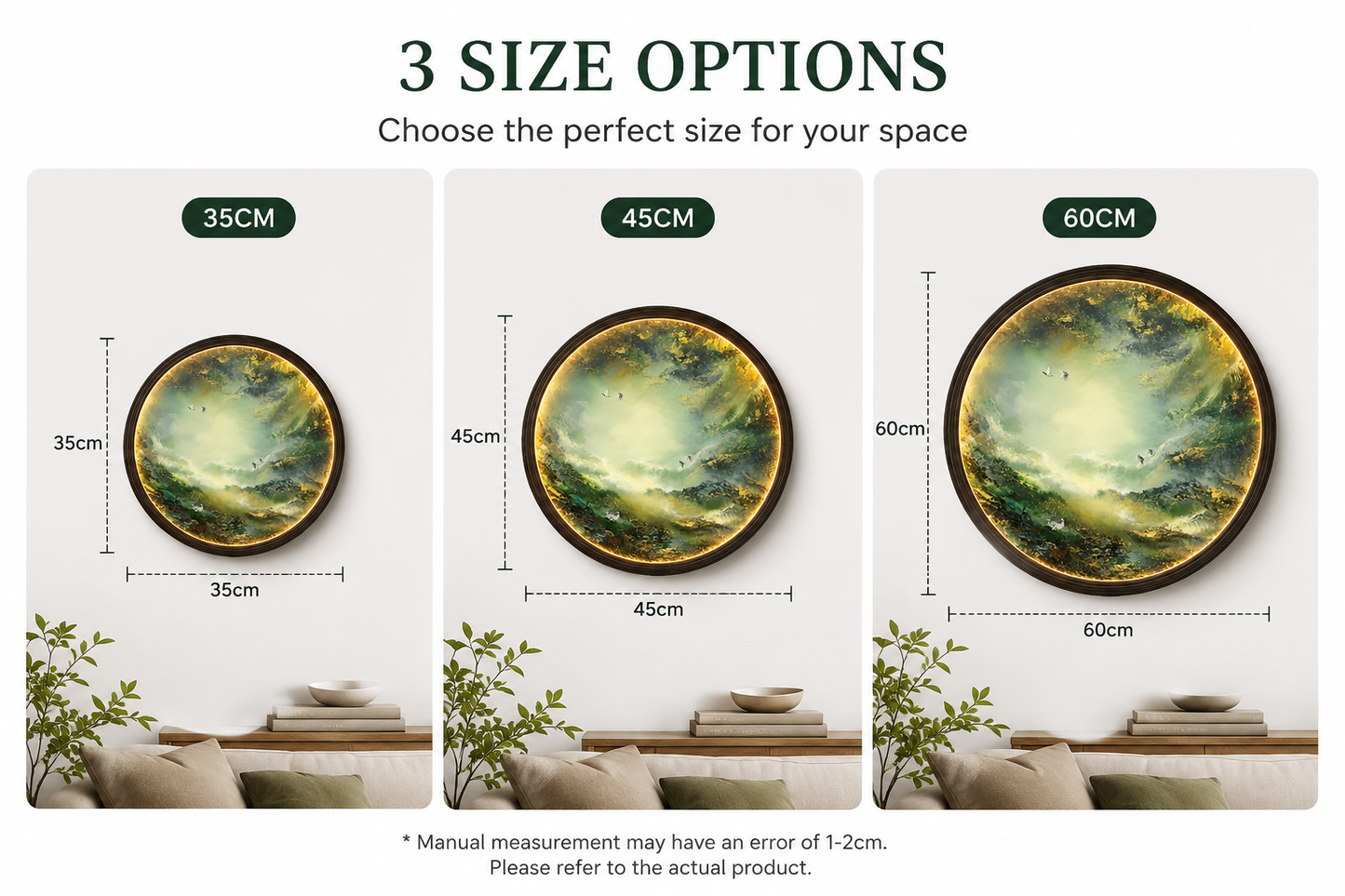 Round LED Landscape Wall Art – Japanese Nature Wall Decor with Warm Light & Wooden Frame