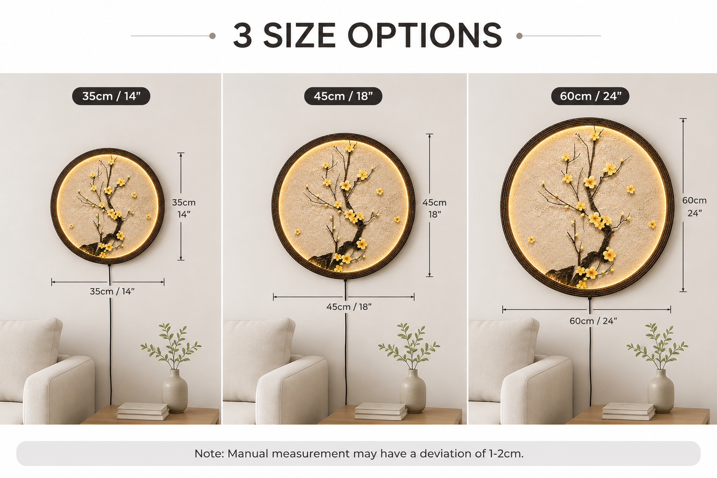 Japanese Plum Blossom LED Wall Art – Round Illuminated Floral Wall Decor – Modern Zen Home Decor – Lighted Circle Wall Hanging