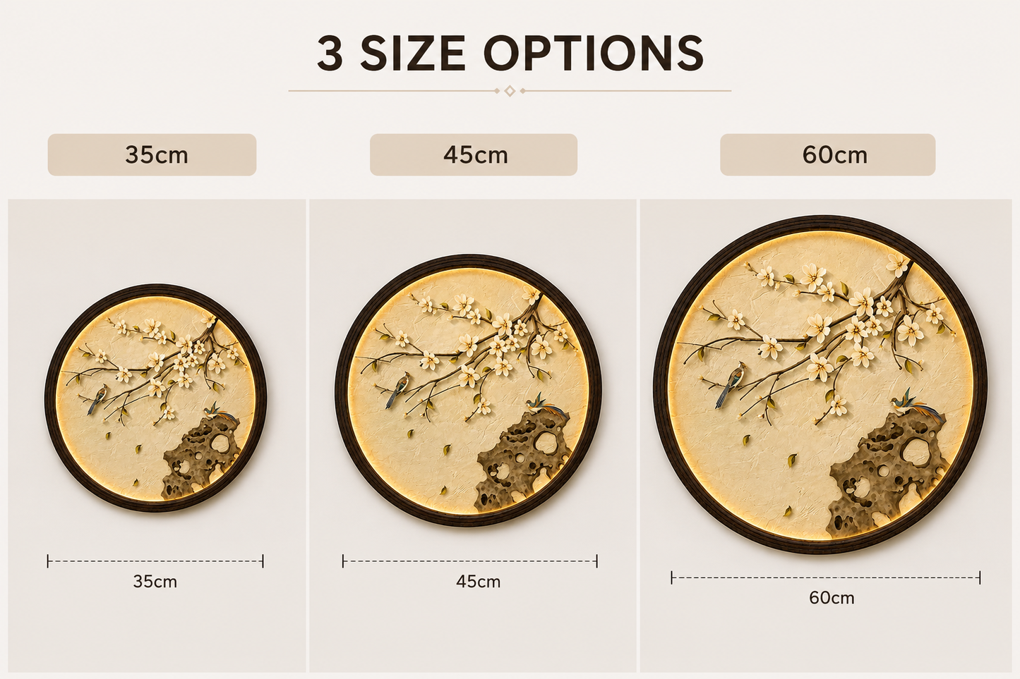 Round LED Cherry Blossom Wall Art – Modern Asian Floral Lighted Wall Decor with Birds