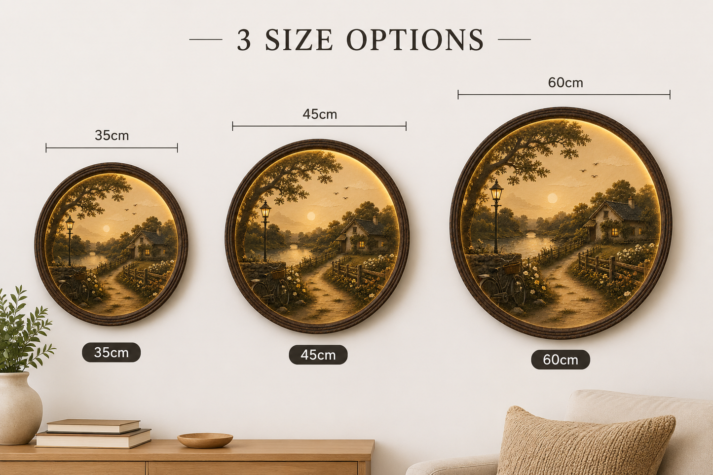 Rustic Countryside LED Round Wall Art – Vintage Cottage Landscape Lighted Wall Decor, Farmhouse Home Decor, Rustic Cabin Wall Hanging