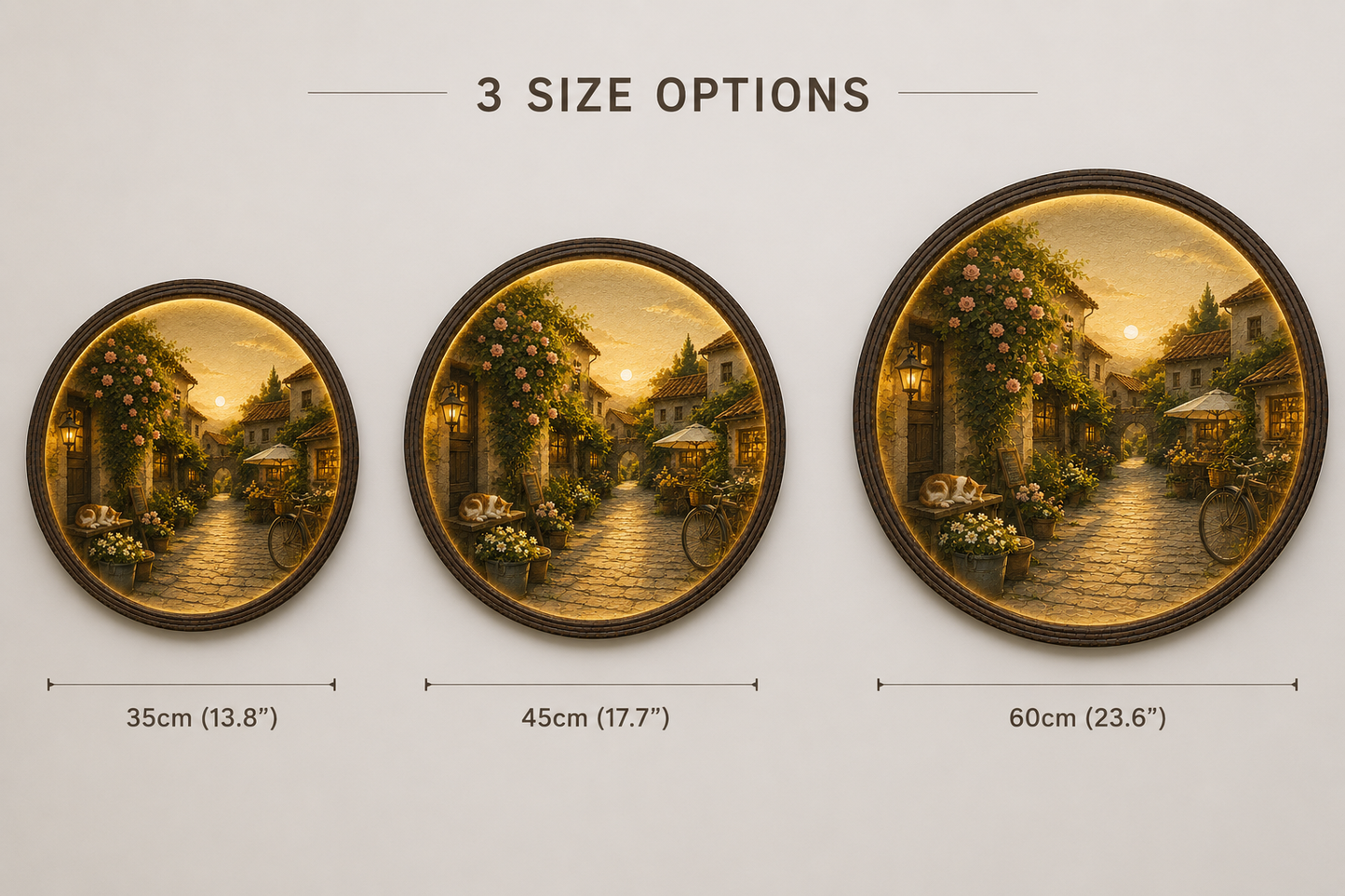 Round LED Wall Art – Cozy European Village Sunset Scene | Modern Home Decor