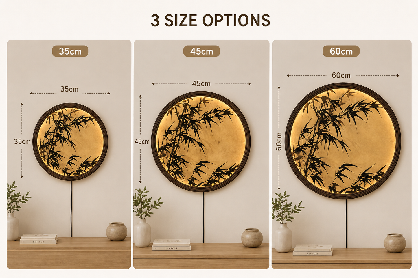 Round Bamboo LED Wall Art – Japanese Zen Illuminated Wall Decor with Warm Light, Modern Asian Home Decor