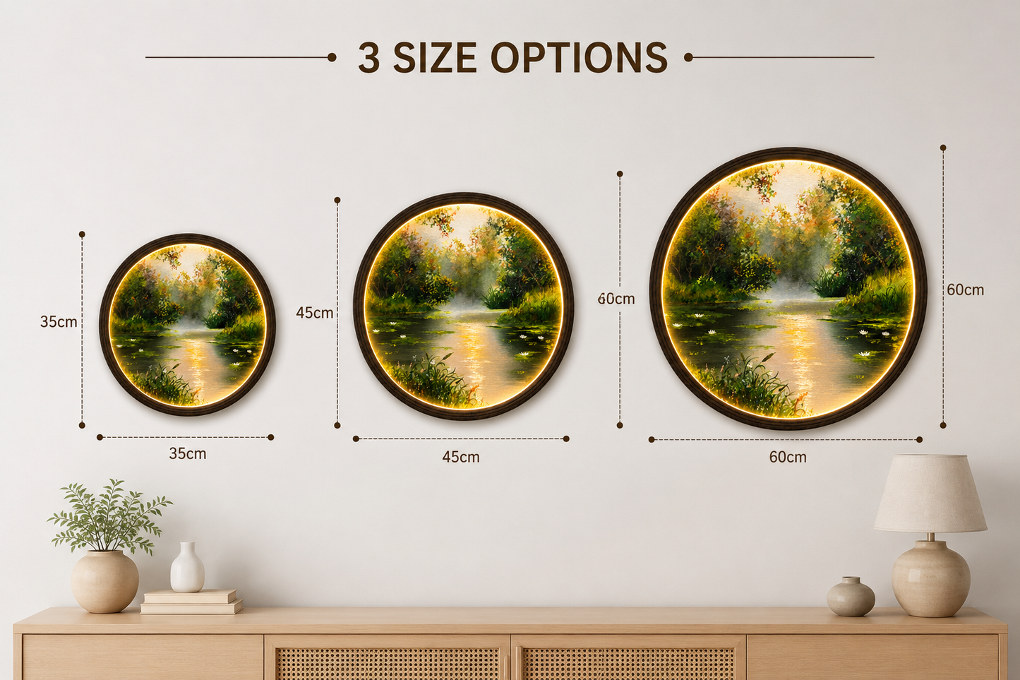 Round LED Wall Art – Serene Forest Lake Landscape | Modern Home Decor