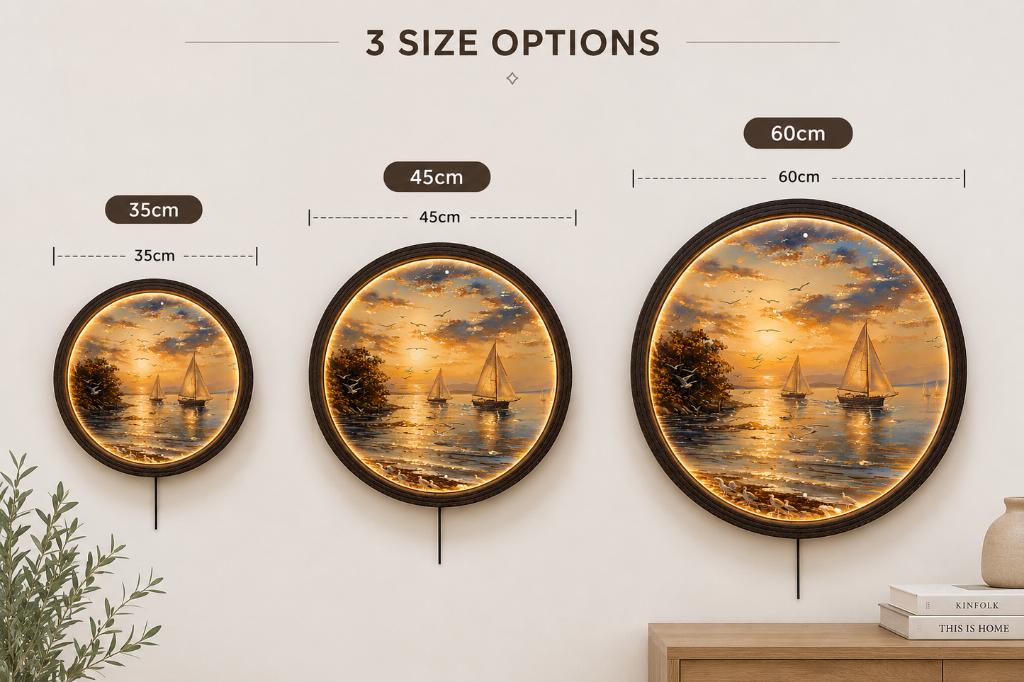 Round Sunset Sailboat LED Wall Decor – Coastal Ocean Landscape Lighted Wall Art with Wooden Frame