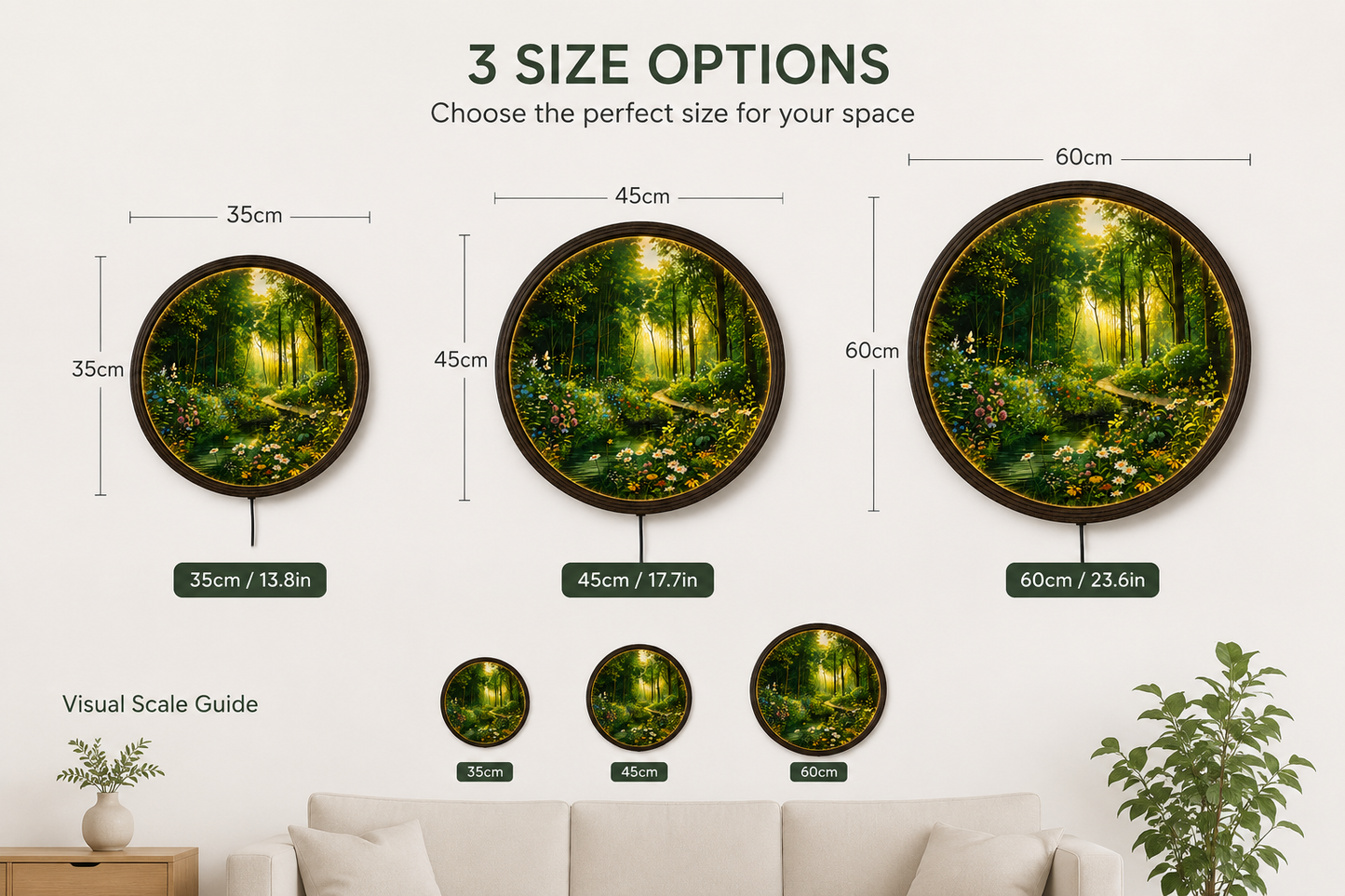Enchanted Forest LED Round Wall Art with Wildflowers – Illuminated Nature Wall Decor, Modern Home Decor, Woodland Landscape Lighted Wall Hanging