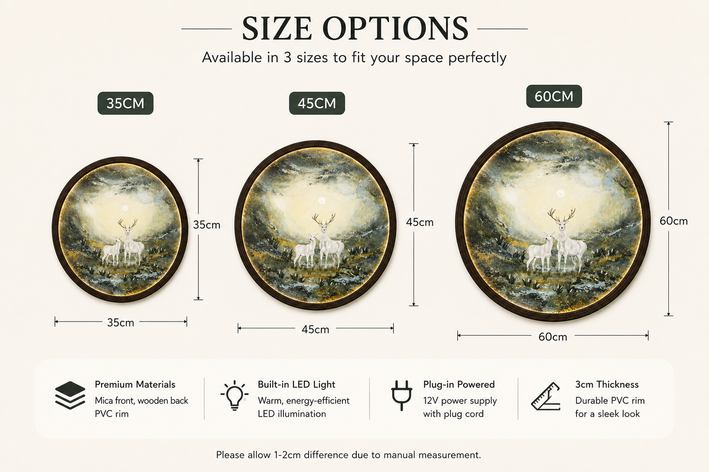 LED Backlit White Deer Forest Wall Art – Round Illuminated Nature Canvas Decor with Wooden Frame
