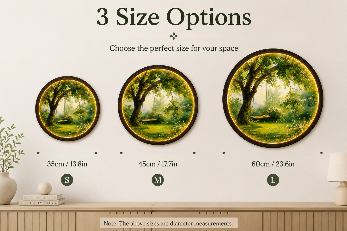 LED Tree Swing Round Wall Art – Nature Landscape Lighted Wall Decor, Modern Wooden Frame Hanging Art for Living Room & Bedroom