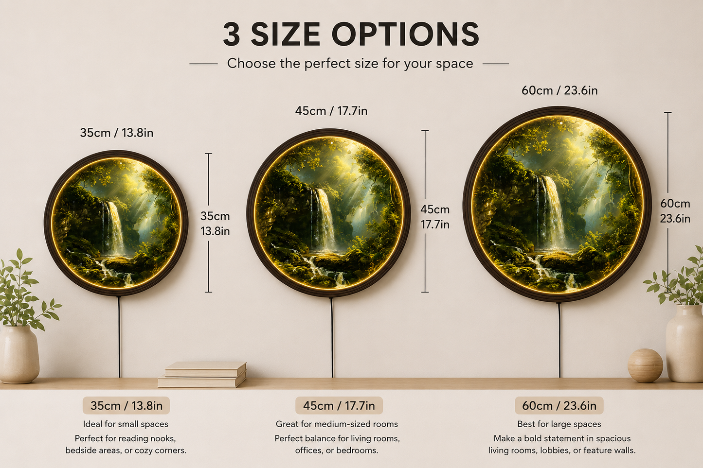 Waterfall Forest LED Wall Art – Round Nature Landscape Wall Decor with Warm LED Light – Modern Home Decor